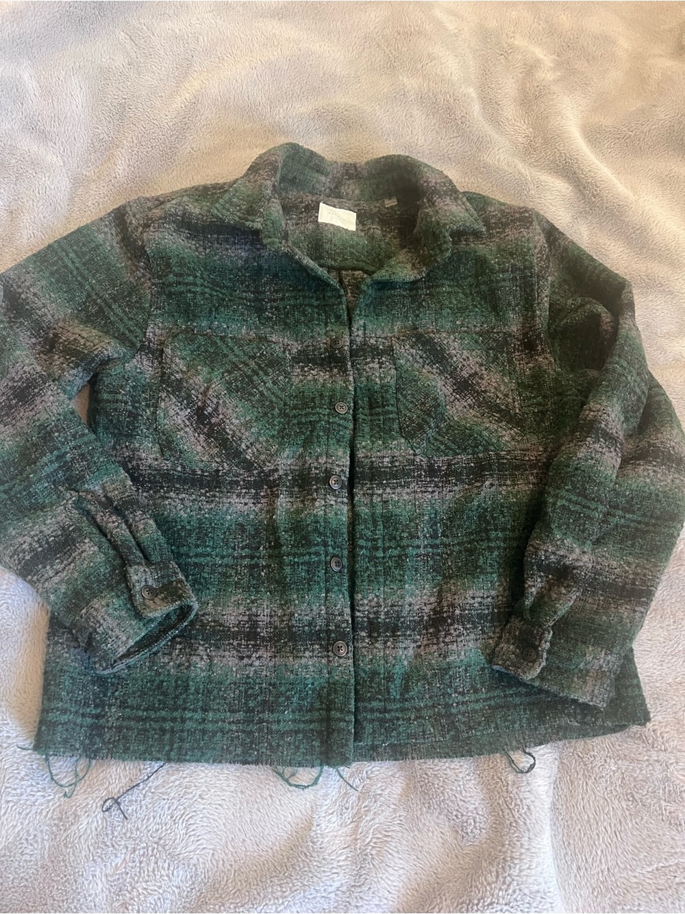 PacSun Men’s Green/Gray/Black Plaid Button-Front Jacket Short M Frayed Hem